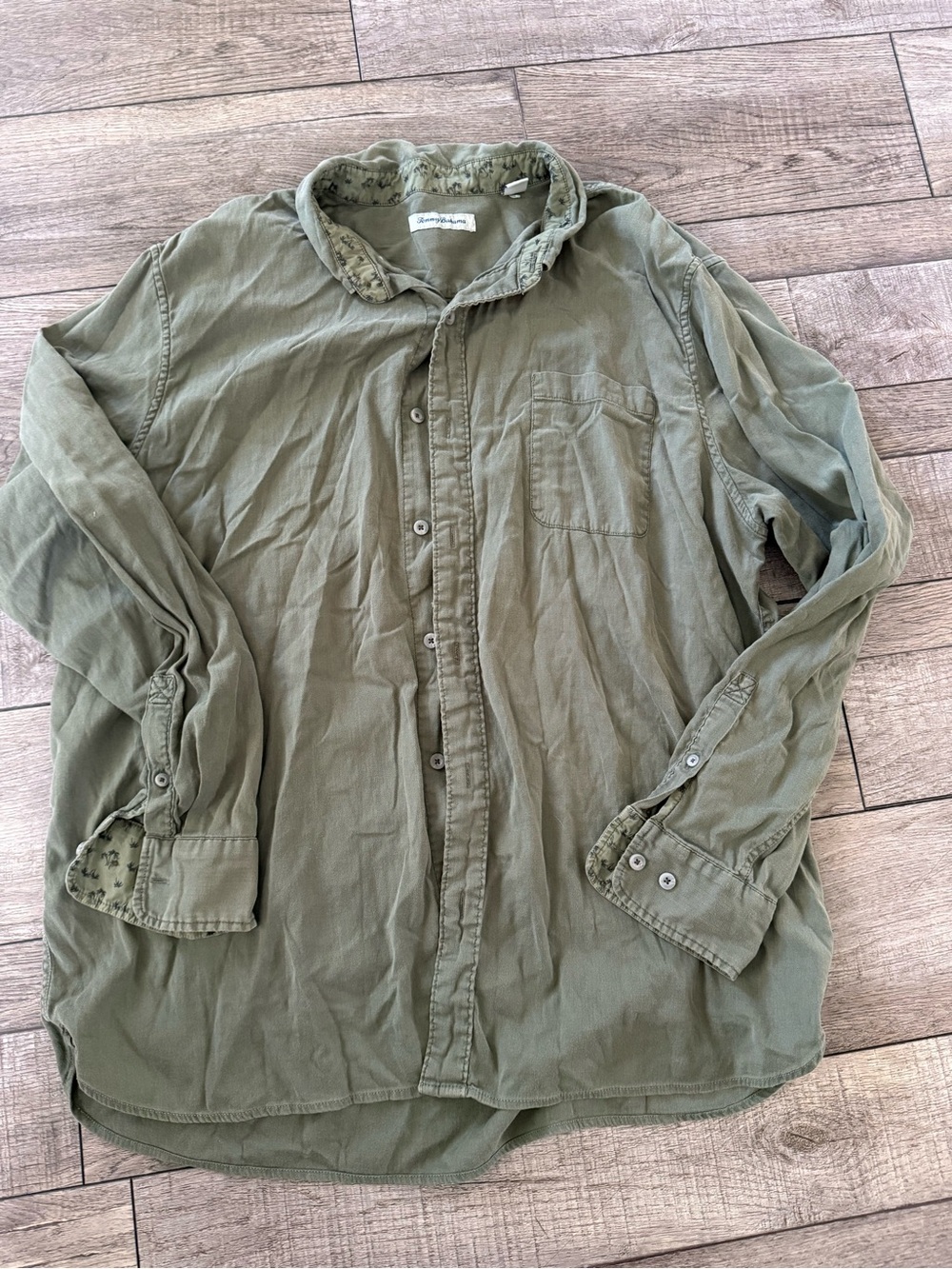 Tommy Bahama Olive Green Casual Shirt with Palm-Print Lining